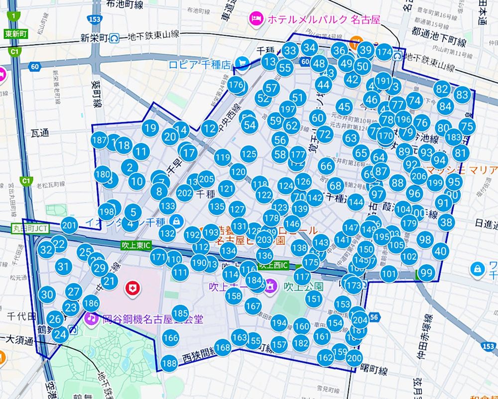 名古屋市千種区の運行エリア（モビのウェブサイトより抜粋）