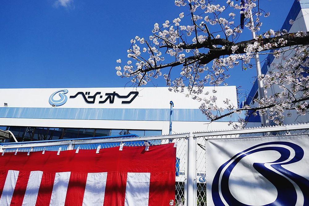 会場の出入口付近で満開の桜が来場者を迎え入れる光景は、この時期ならでは