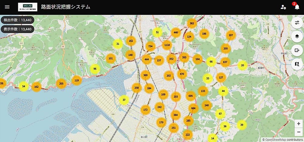 異常箇所を示したマップ。異常振動幅も示している