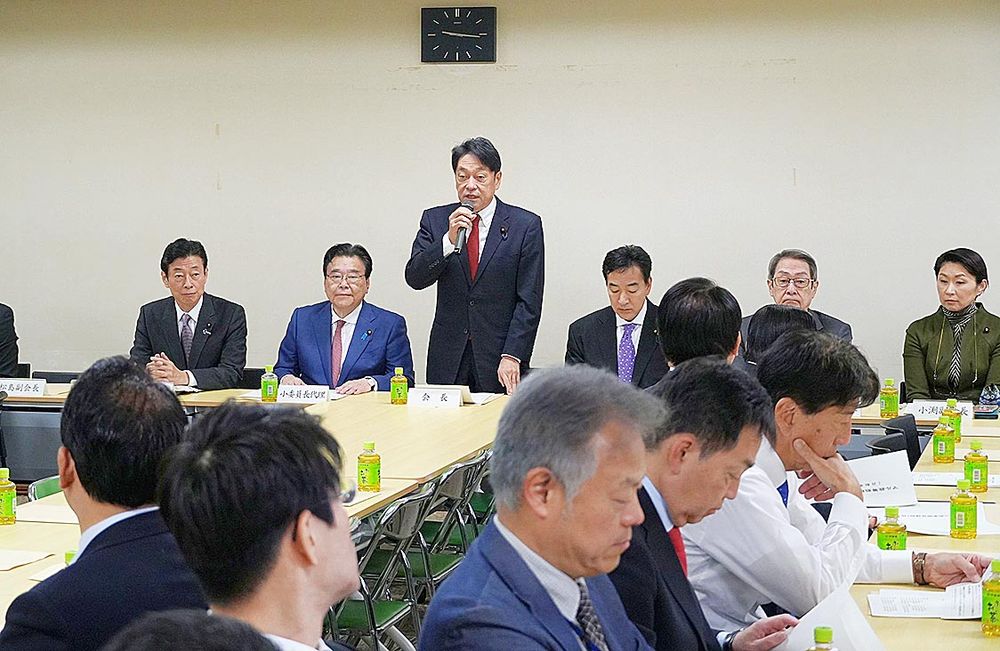 自民党税制調査会の会議であいさつする小野寺五典会長（１６日、党本部）