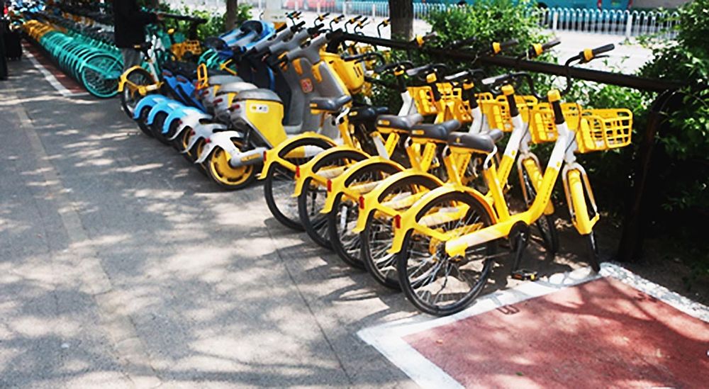 写真１　道端の電動モペット・自転車のプール場。かごにはソーラーパネルがあり、太陽光発電で充電できる